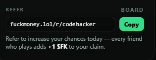 codehacker's tweet photo. introducing referral in https://t.co/bAyEdbhEbc , refer new players and get 1 $FK every time they play too https://t.co/2wbFym3CjG