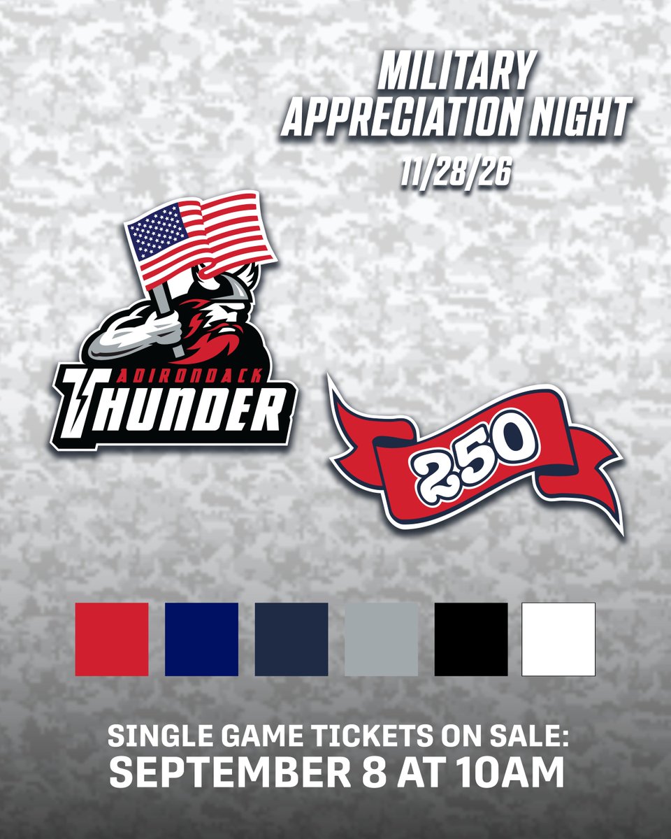 ECHLThunder's tweet photo. 𝗢𝗻𝗲 𝗼𝗳 𝘁𝗵𝗲 𝗯𝗶𝗴𝗴𝗲𝘀𝘁 𝗻𝗶𝗴𝗵𝘁𝘀 𝗼𝗳 𝘁𝗵𝗲 𝘆𝗲𝗮𝗿 🇺🇸

Military Appreciation Night returns on November 28!

🎟 https://t.co/J6TbbBlAza https://t.co/vSzLIhTfDK