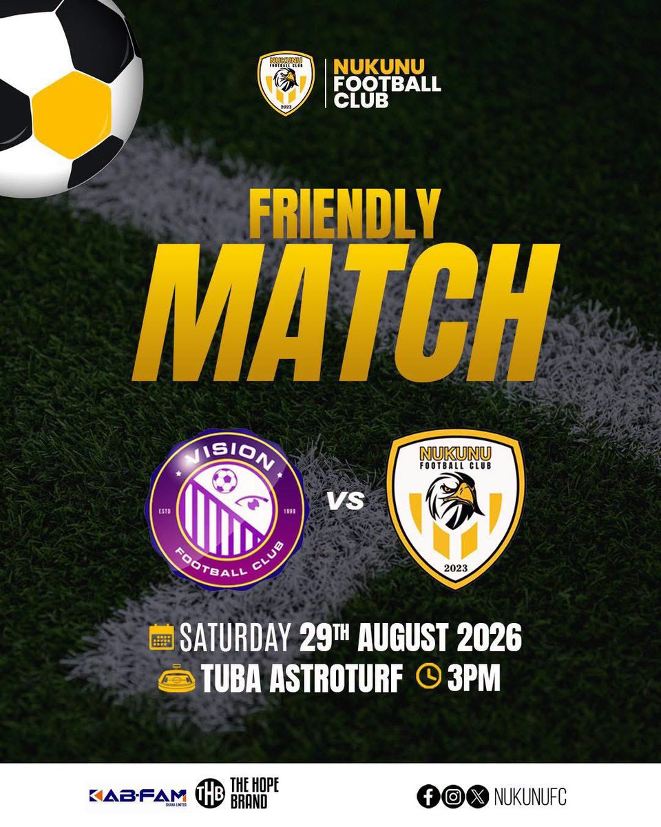 Nukunu_fc's tweet photo. UP NEXT!!🦅💛🖤

We continue our elite preparations with a high-profile friendly against Vision Football Club this Saturday at the Tuba Astroturf. 

#NukunuFC #PossibleTogether #WonderBoys #FriendlyMatch #THB https://t.co/BAJJIeCUGI