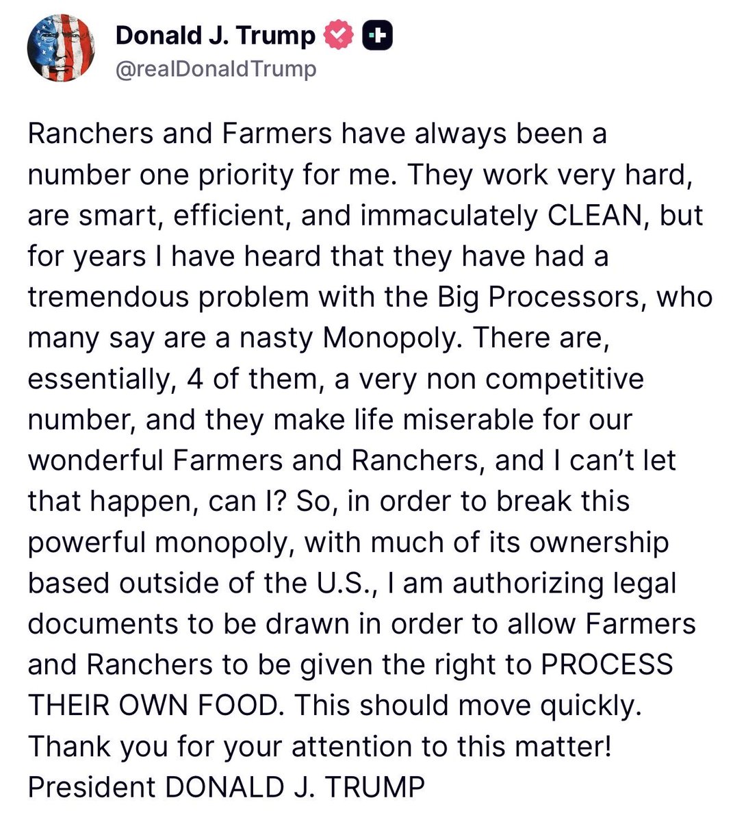 DJTrumpP47's tweet photo. 🚨 BREAKING HUGE: President Trump just proved why he is the NUMBER 1 President for Farmers:

“I am authorizing legal documents to be drawn in order to allow Farmers and Ranchers to be given the right to process their own foods”

AMEN 🙏 https://t.co/Fl4mGfxe7J