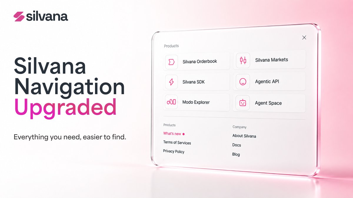 silvana_book's tweet photo. Finding your way around Silvana just got easier.

The new Silvana Apps menu brings our products, agents and resources together in one place.

Plus, What’s New, All Activity in Earn Hub, and a new Markets section make it easier to discover what’s happening across the ecosystem.👇

https://t.co/DIKHofVBlv
