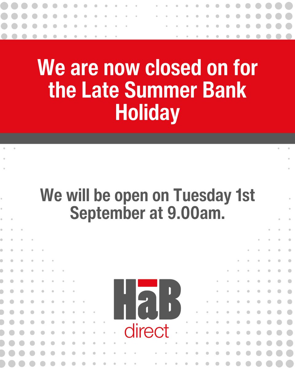 HaBDirect's tweet photo. Our office is now closed. We will reopen on Tuesday the 1st September at 9am. 
For more info please see our post: https://t.co/Y2V61KBMCi
If you require any assistance please email us at sales@habdirect.com.
We hope everyone enjoys the bank holiday weekend! ☀️ https://t.co/oRrCyzzRG7