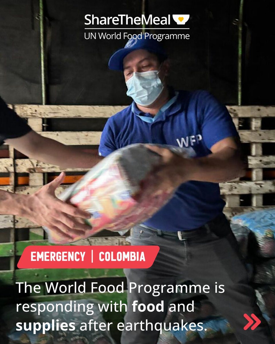 ShareTheMealorg's tweet photo. 📢 Update: #Colombia. Our @WFP teams are responding to the #earthquake.

Over 5,000 people have received #food assistance in Pereira and Quibdó, while #cash and vouchers help local markets recover.

➡️ https://t.co/ICe76XkYCS

Share meals to support the response.💛 @WFP_Colombia https://t.co/WFTHsdlKMR