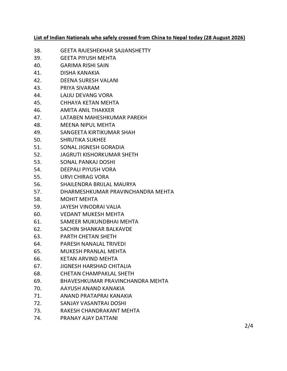 MEAIndia's tweet photo. Update on Indian nationals impacted by the floods in Nepal.

Please see the names of 149 Indian nationals who safely crossed from China to Nepal today (28 August 2026 ) 

Details below ⬇️ https://t.co/kvohBTAcAi
