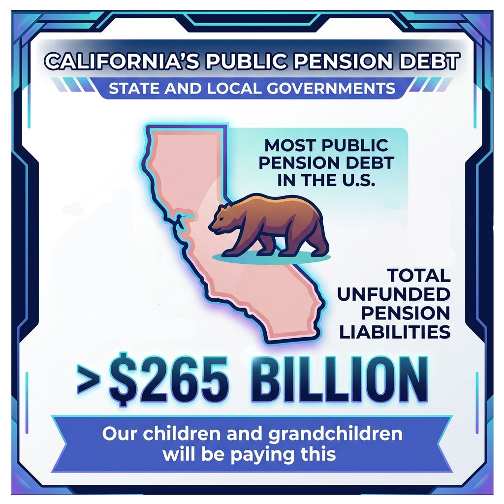VCTaxpayers's tweet photo. California total, unfunded public pension obligations reaches a staggering $265B, according to Reason Magazine. 📈 This situation is unsustainable and untenable to California taxpayers. Stop lavish pensions and raises. #VCTA #FiscalAccountability https://t.co/9rXCs5xS5s