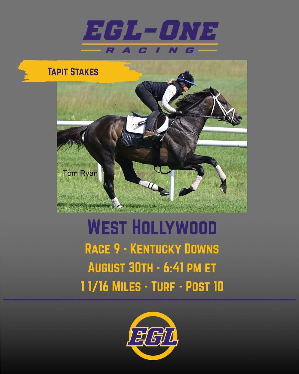 EGLOneRacing's tweet photo. West Hollywood is ready for stakes action. 💜💛

This Sunday, he’s heads to starting gate in the Tapit Stakes at Kentucky Downs. 

West Hollywood takes on a competitive field over 1 1/16 miles on the turf.

Looking forward to seeing West Hollywood represent EGL-One on one of racing’s most unique turf courses. Best of luck to the entire team! 🏇💨