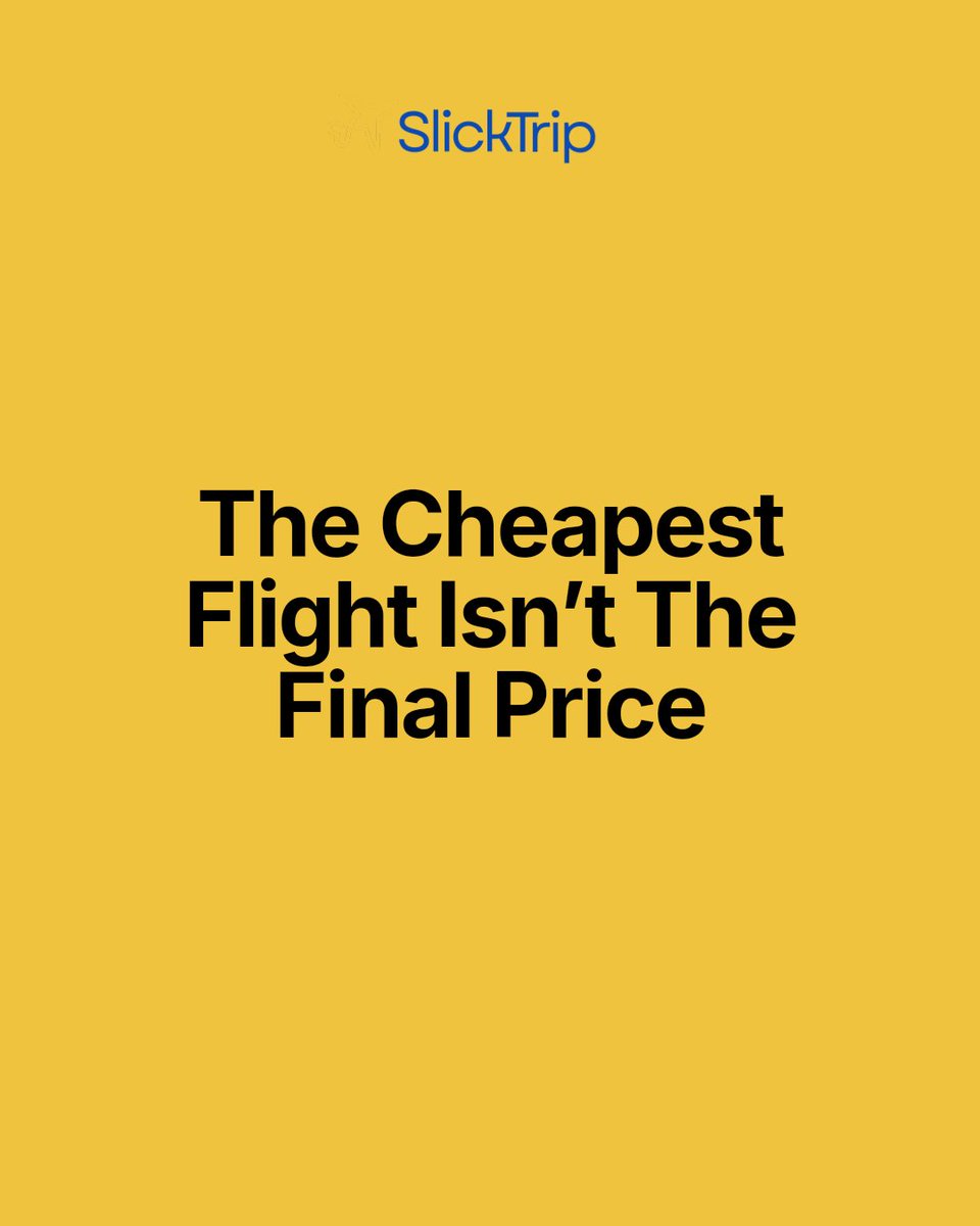 SlicktripAlerts's tweet photo. The cheapest flight can turn pricey at checkout.

Bags, seats, carry-on, even card fees. That low fare grows fast.

SlickTrip helps you compare prices before you book, so you see the real total sooner.

Which fee surprises you most?

https://t.co/C4ivzfseJ1 https://t.co/Pt74dix9V5