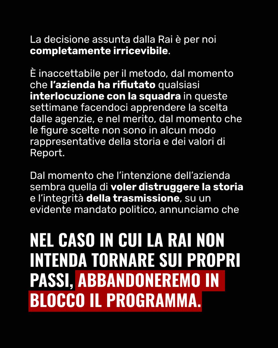 giuliainnocenzi's tweet photo. INVIATI DI REPORT: PROPOSTA IRRICEVIBILE, PRONTI AD ANDARCENE 
La decisione assunta dalla Rai è per noi completamente irricevibile. Nel caso in cui la Rai non intenda tornare sui propri passi, abbandoneremo in blocco il programma
#report #reportrai3 https://t.co/6C4CCfEV1S