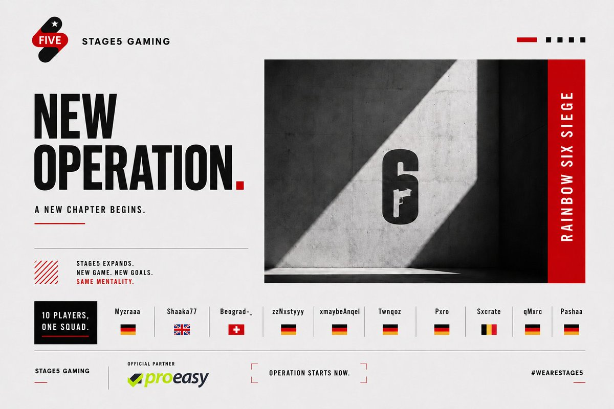 Stage5Gaming's tweet photo. 🚨 NEW OPERATION.🛡️

Stage5 Gaming is entering Rainbow Six Siege 

10 players.
4 countries. 🇩🇪🇬🇧🇨🇭🇧🇪
1 goal.
A new chapter begins.
The same Stage5 mentality.
Welcome to the squad. 🔴⚫

THE OPERATION STARTS NOW.
#Stage5 #RainbowSixSiege #Esports @Rainbow6Game 
@R6esportsDE https://t.co/nki5hwBnrq