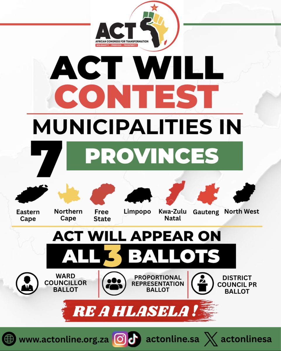 ACTOnlineSA's tweet photo. BREAKING🚨
The African Congress for Transformation is contesting municipalities in 7 provinces in the 2026 Local Government Elections. 

We are ready to take back local government - to deliver real services, accountability and real transformation where it matters most
#VoteACT LGE