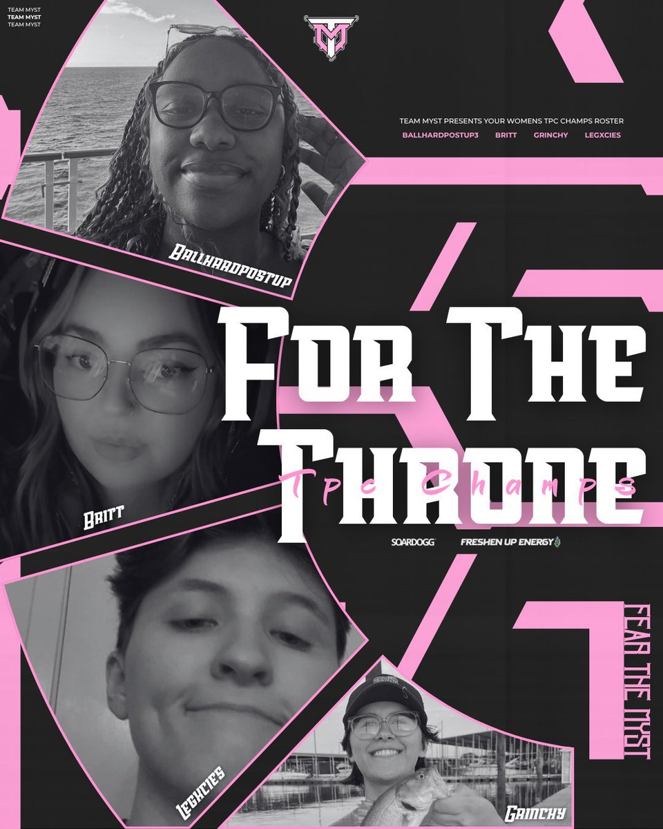 OfficialTMyst's tweet photo. We Are Proud to Announce Our Female Roster for @TPCWomens Champs!

Icey Myst
@xoGrinchy 
@SlayerBritt 
@ballhardpostup3 
@iLegxcies 
Coach @BrianViiox 

Powered by @DrinkFreshenUp 
#FearTheMyst #DrinkFreshenUp https://t.co/i6Nv9eMji3