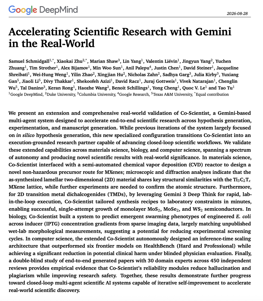 SRSchmidgall's tweet photo. We deployed Gemini to operate at different levels of autonomy across four domains:
- Materials Science (human-executed)
- Biology (expert+AI collaboration)
- Computer Science (autonomous)
- + A 150-paper study on AI-generated papers.

Here is what worked (and what didn't) 👇 https://t.co/WGjRG7vMrm