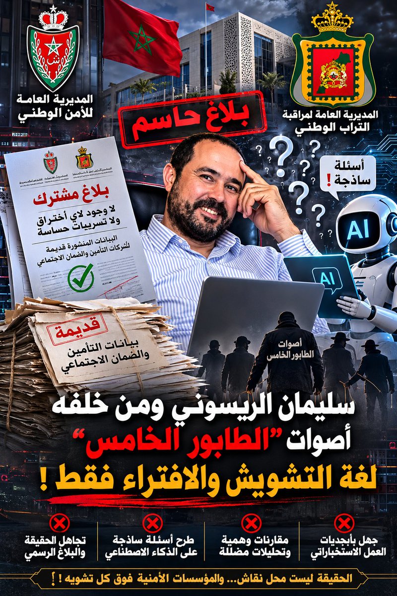 RedRedangel2013's tweet photo. سليمان الريسوني يستعين بأجوبة الذكاء الاصطناعي للتشكيك في بلاغ الأجهزة الأمنية المغربية بخصوص التسريبات المزعومة… وكأن «ChatGPT» أصبح خبيرا في عمل الاستخبارات ومصدراً لتدبير الحفض الآمن للملفات السرية 😂 https://t.co/gkFwQ6xA0d