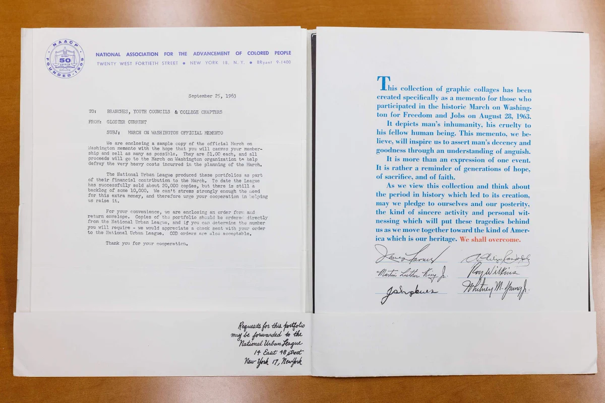 (Left) A letter from the NAACP dated September 1963 explaining that there is a 10,000-copy backlog of the official March on Washington momento, urging people to buy the remaining copies that weren't sold at the march from the National Urban League to help recoup costs of organizing the event.

(Right) An explanation of the nature of the graphic collages contained within the the momento, signed by organizers including Martin Luther King, Jr.