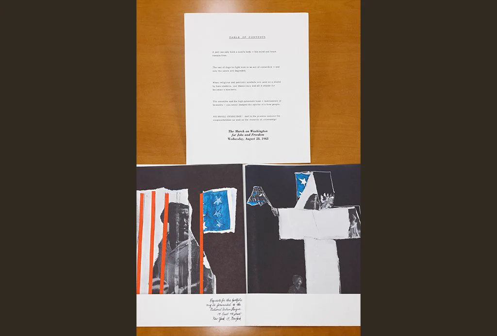 The table of contents from the "We Shall Overcome" souvenir booklet from the 1963 March on Washington and two of the collage images contained inside. The image on the left is a Black individual with a concerned expression, overlaid with drawn American flag imagery, red and white stripes and one blue rectangle with white stars. The image on the right appears to be someone in KKK robes holding an American flag, with a Black individual in distress near the person's feet.