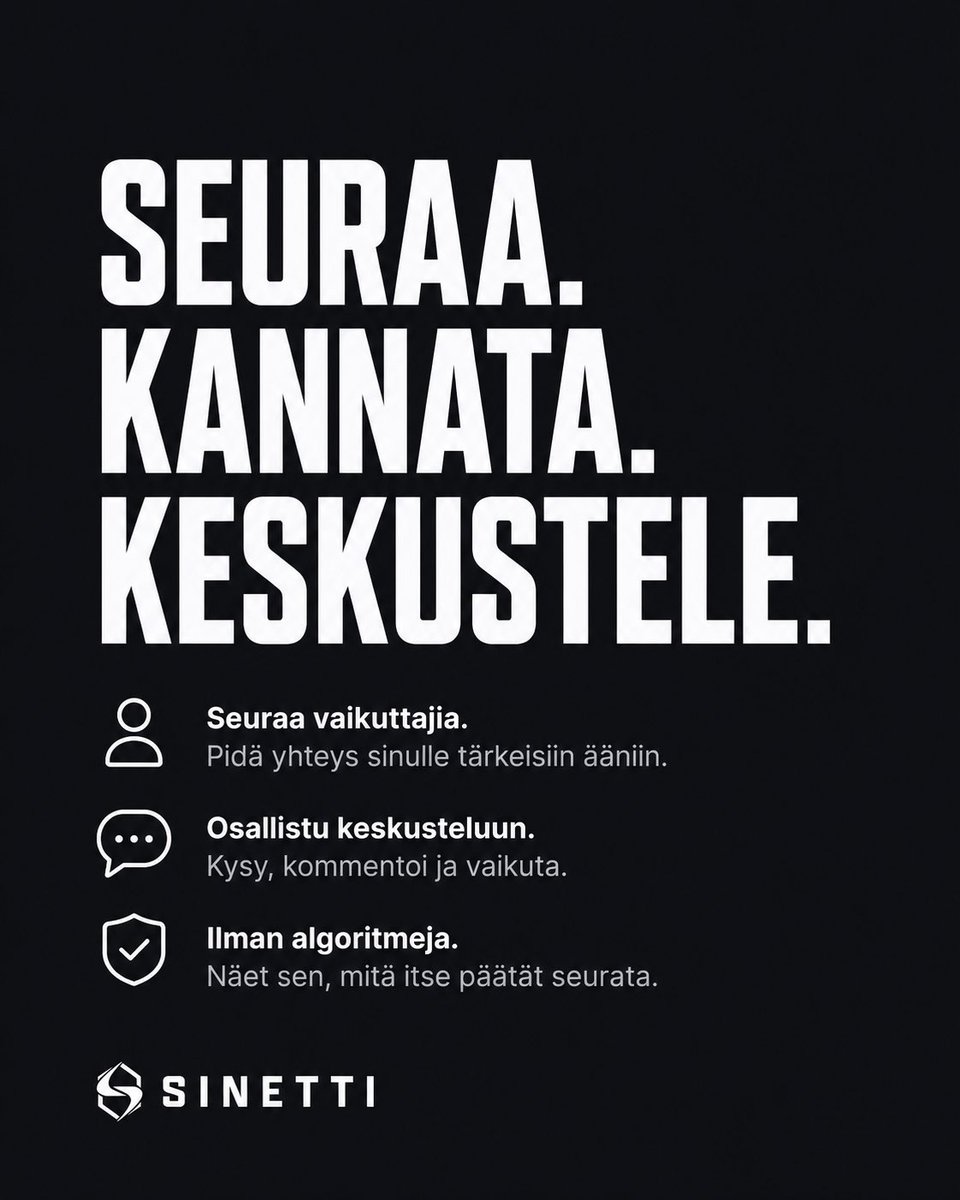Sinettiapp's tweet photo. Seuraa. Kannata. Keskustele.

Sinetissä päätät itse, ketä seuraat ja mihin keskusteluihin osallistut.

Ilman mainoksia. Ilman suosittelualgoritmia.

https://t.co/0nEXOfl0dB

#Sinetti #yhteiskunta #keskustelu https://t.co/uA5ZRzlKFj