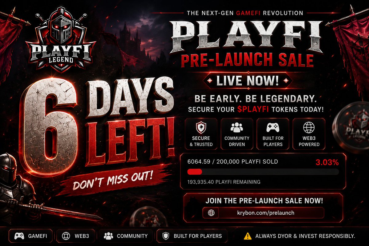 PlayFi_Legend's tweet photo. The PlayFi Pre-Launch Sale ($PLAYFI) is LIVE KRYBONE EXCHANGE! 🚀

🎮 Next-gen GameFi
⚔️ Built for players
🌐 Web3 powered
🔥 Limited pre-launch allocation
The countdown is on. Don’t just watch the GameFi revolution—be part of it!
👉 Join now: https://t.co/PAf8JZ4yYw⁠�

#PLAYFI #PlayFi #Krybon #Presale #GameFi #Web3 #Crypto #Web3Gaming #Blockchain #DYOR

⚠️ Always DYOR & invest responsibly.