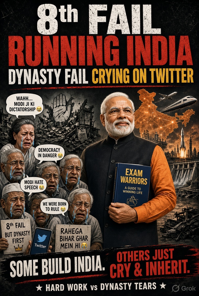 BJP_America's tweet photo. An 8th fail is running the country, winning elections repeatedly &amp; writing books that actually help students while your entire dynasty of entitled failures can’t even clear a basic competency test without daddy’s name &amp; freebies.

The country moved on from your circus years ago. https://t.co/ViJ4fhbaqI