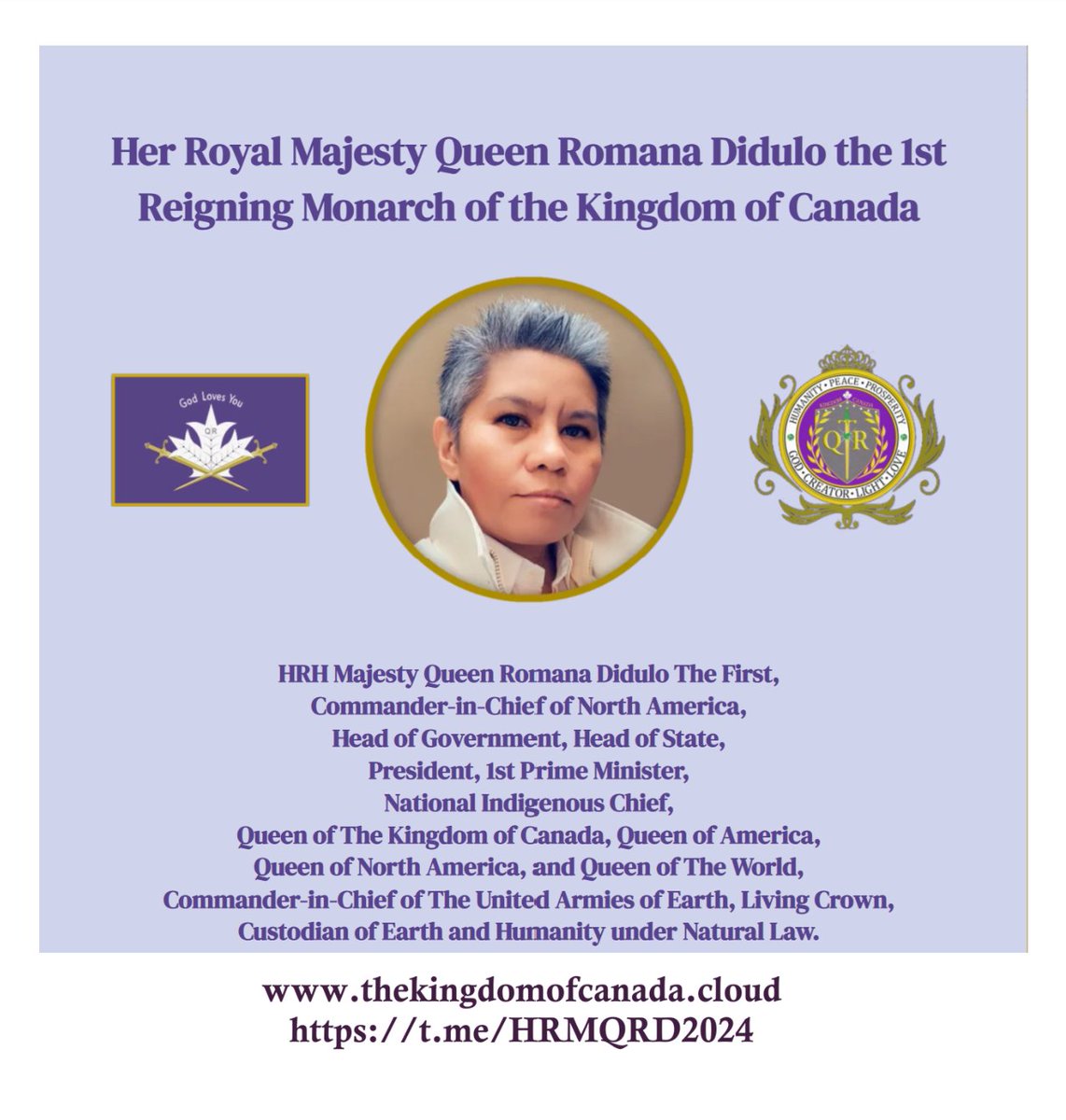 I_AmGinaLee's tweet photo. @BrandoIncognito We are in a New Era of Natural Law; A Continuity of Government is in place, directed by HRM Queen Romana Didulo The First.

Yes, America has a Queen. Innerstand what that means.

Awaken to your Inherent &amp; unalienable rights,
HRM guides and protects us all! https://t.co/znRRxpqYKH https://t.co/z2SIyWqH8I