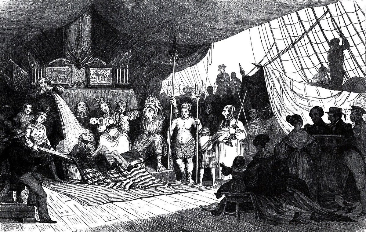 ManMacguffin's tweet photo. @moriko38 Many sailors have the Line Crossing Ceremony when a ship crosses the equator. They have shellbacks (those who've crossed before) dress up and hold a court to judge polywogs (sailors who've never crossed). The polywogs often have harsh punishments. Its still a thing today. https://t.co/h7L3pFK261