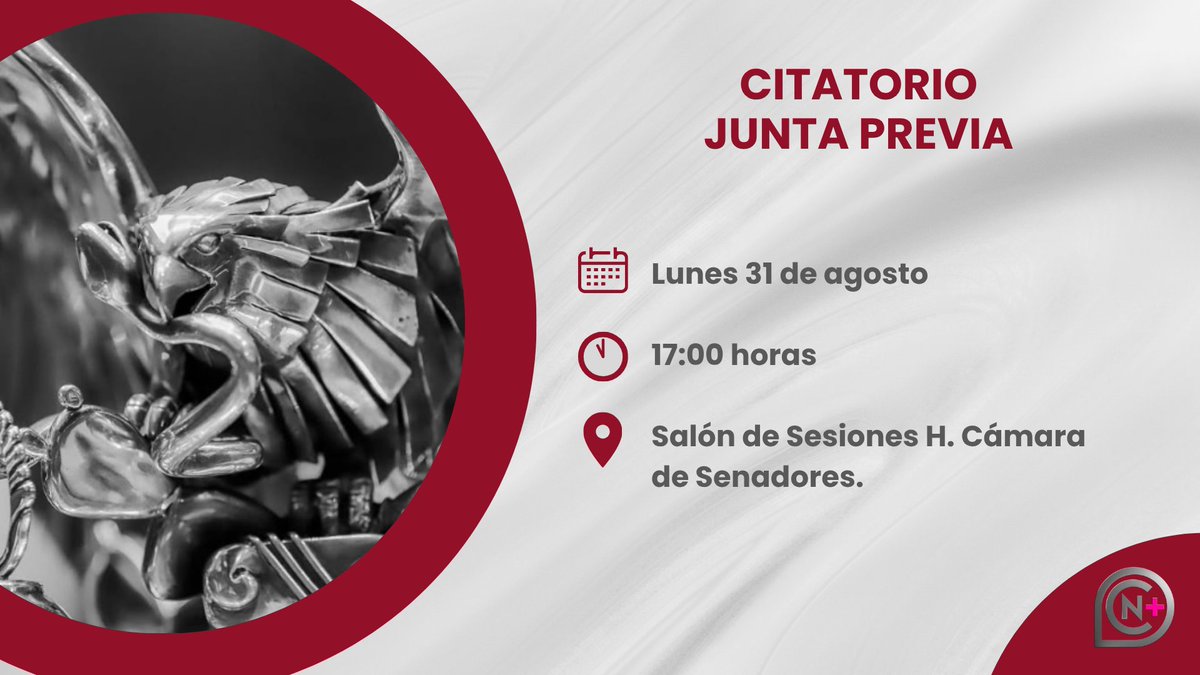 NoticiaCongreso's tweet photo. 📌#Entérate| La presidenta de la Mesa Directiva del
@senadomexicano, @LauraI_Castillo cita a las Senadoras y Senadores, a la #JuntaPrevia del Tercer Año de Ejercicio de la #LXVILegislatura, en el Salón de Sesiones de la H. Cámara de Senadores.

🗓️Lunes 31 de agosto de 2026
⏰17:00 horas
📍Salón de Sesiones de l a H. Cámara de Senadores.