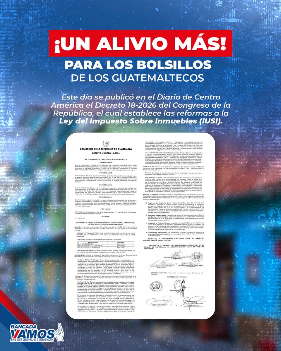 BancadaVamos's tweet photo. El Decreto 18-2026 elimina el pago del IUSI para la vivienda habitual, permitiendo que más familias puedan destinar sus recursos a lo que realmente importa.
#BancadaVAMOS #XLegislatura
#IUSI https://t.co/89xwMcfq28