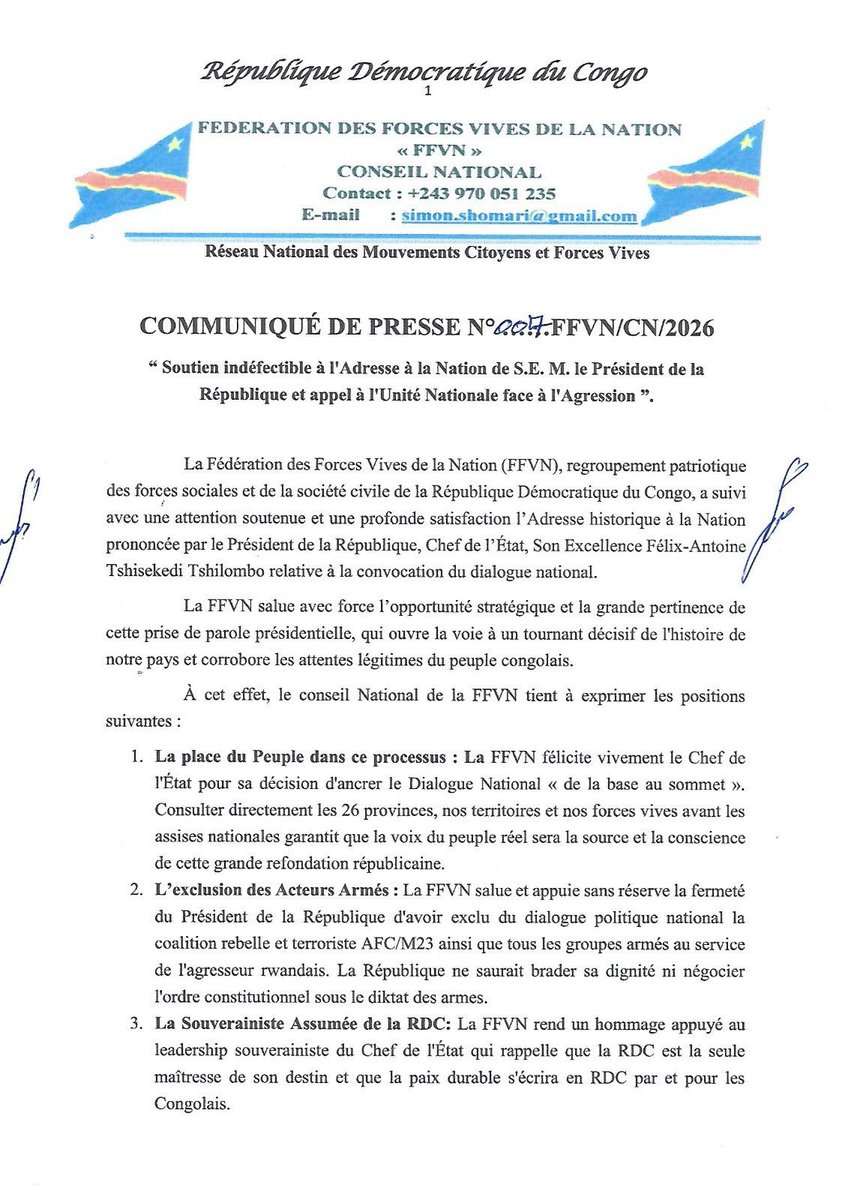 cpgrdc_rdc's tweet photo. 🇨🇩 FFVN soutient le dialogue national
👉 Appel à l’unité et à la cohésion nationale après l’adresse du Président Tshisekedi.
📌 Consultations « de la base au sommet »
📌 Exclusion de l’AFC/M23 et des groupes armés#FFVN 
#RDC #DialogueNational #Unité #Paix #JusticePourLeCongo https://t.co/xLqLlXtcOI