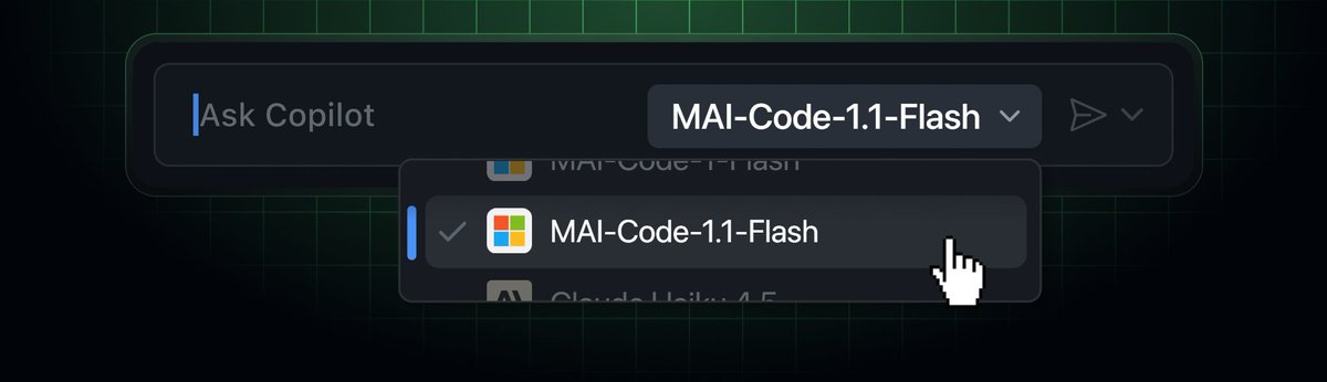 A cursor hovering over MAI-Code-1.1-Flash in the model picker