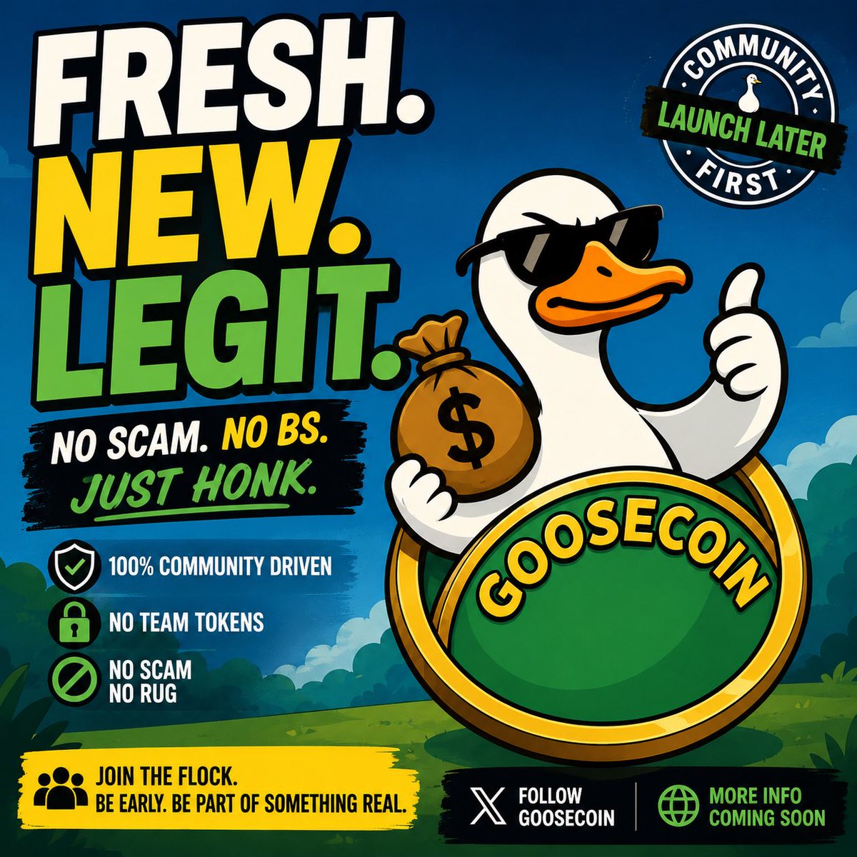 GooseCoin1's tweet photo. 🪿 Fresh. New. Ready to HONK.

Community first. Launch later. 🚀
No fake hype. Just $HONK.

Join the flock early. 👀🌕

#GooseCoin #HONK #Solana #Memecoin #Crypto #SolanaMemecoin #CryptoCommunity https://t.co/1x1An1nU1i