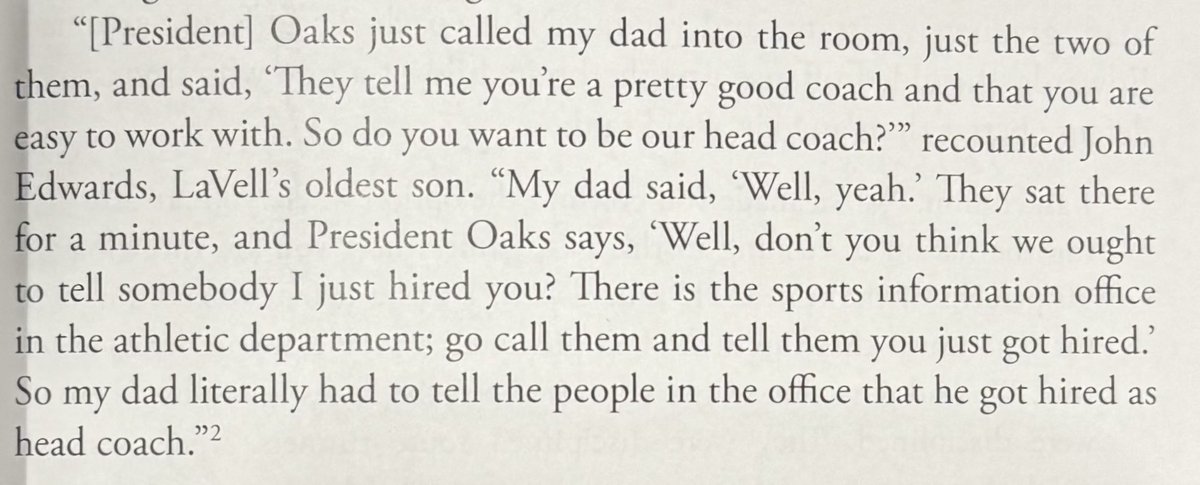 jaromjordan's tweet photo. The simplicity of LaVell’s hiring and impending announcement as told by his son John, with Dallin H. Oaks (then the BYU president) is amazing. 

Sampled from chapter 3, page 55 of the new book “The Leadership Legacy of LaVell Edwards”. https://t.co/N48U0Qkytu