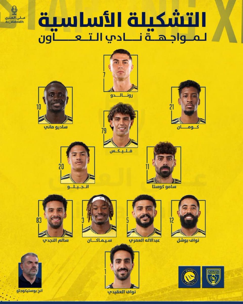 Nawaf_STATS's tweet photo. 🚨⚠️ تشكيلة النصر امام التعاون. https://t.co/sfOgyg4SHq