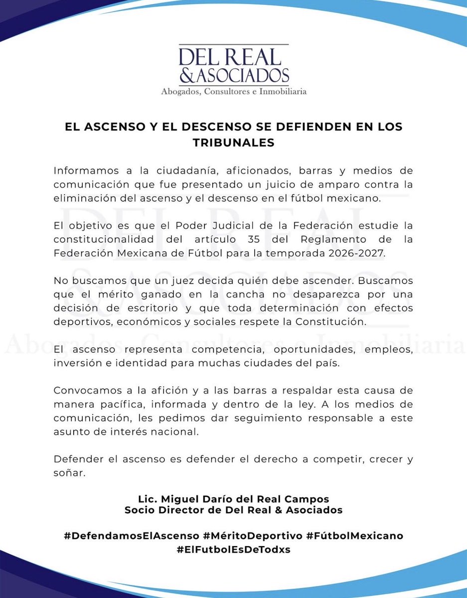 Javier_Alarcon_'s tweet photo. Ingresa el juicio de amparo en defensa del ascenso y descenso por méritos deportivos. https://t.co/FiyROJzWix