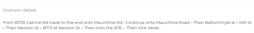 trafficscotland's tweet photo. @SWTrunkRoads ❗️UPDATE ⌚️17:53
🗺️#A76 Mauchline
⛔️The #A76 remains ⛔️CLOSED IN BOTH DIRECTIONS⛔️ due to a road traffic collision.
➡️A local diversion is in place, see below for details 👇
🚗Drivers should use caution on approach and expect delays.
#PlanAhead at https://t.co/guU3RElWie https://t.co/ex3ZAbkRB2