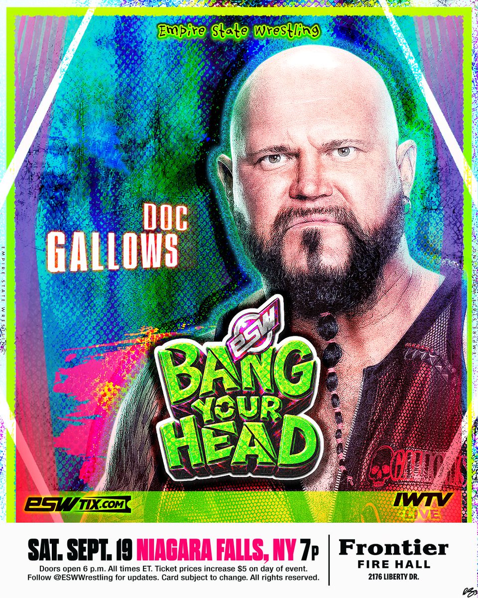ESWWrestling's tweet photo. 🚨 DOC GALLOWS comes to ESW! 🚨

Don't miss #ESWBang on Sat, Sept 19 in Niagara Falls, N.Y.!

​📍 Frontier Fire Hall
🕖 7 p.m. ET (Doors at 6 p.m.)
🎟️ https://t.co/HBwORGpNAW (Save $5 buying early!)
📺 LIVE on @indiewrestling https://t.co/u1sOXlCCDL