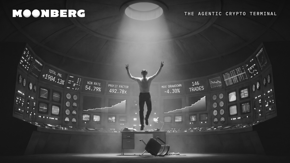 moonberg's tweet photo. Three things happened this week that 
we can't stop thinking about.

1. Live on our broadcast, someone used the Moonberg AI for the first time, and made their first money in memes. Ever.

2. A guy in our Telegram caught a 33x off the new KOL alerts. First 33x of his life.

3. Another guy in our Telegram ran 5,000 backtests ove the past month until he found an algo that would have done 20x with barely any drawdown, before risking a cent on it.

None of them are quants. That's the point.

Vibes and a prayer is still a strategy. 
It's just no longer an excuse.
