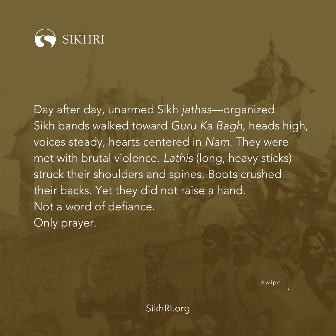 SikhRI's tweet photo. One such moment unfolded in the dust of Guru Ka Bagh, where bare feet met brutal batons, and still, the lips whispered Sabad, the Infinite Wisdom. Still, the heart remained immersed in Nam—Identification with the One.

#SikhCommunity #SikhHistory https://t.co/f9pDIDFhjX
