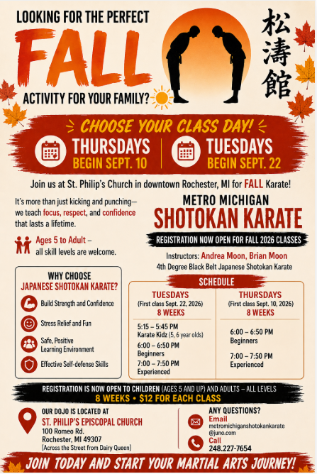 andreaemoon's tweet photo. @oaklandu Looking for the perfect FALL activity for your family? ☀️
Starting THURSDAY, SEPT. 10 OR TUESDAY, SEPT. 22, join us at St. Phillip’s Church in downtown Rochester, MI for FALL  Karate! It’s more than just kicking and punching—#KarateKids #MartialArts #RochesterMI https://t.co/qGqyAuJPg2