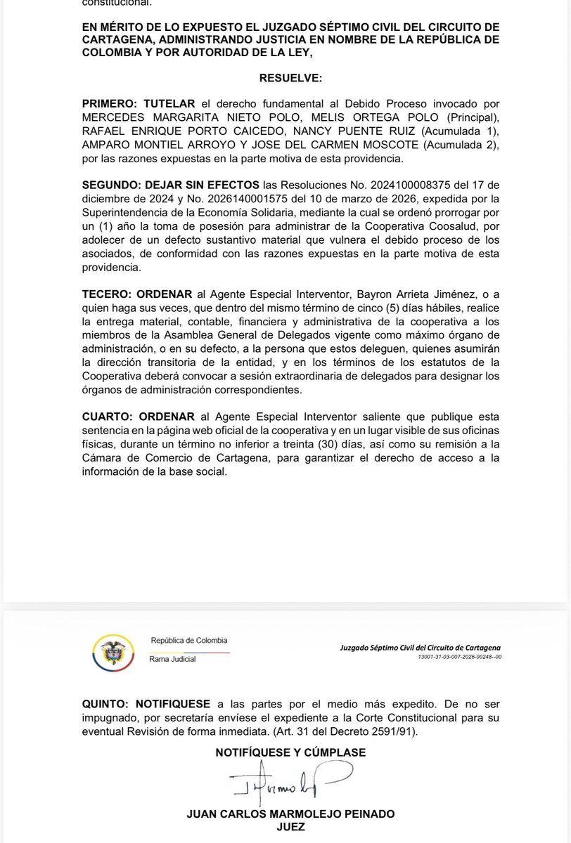 julianquintanat's tweet photo. Juez regresa la cooperativa @Coosalud_ a sus dueños. Determinó que la intervención del gobierno @petrogustavo en cabeza de la inepta de @majonavarromz fue ilegal. Por estas irregularidades, el juez dejó sin efectos las resoluciones de intervención. https://t.co/ehVoGv1sSs