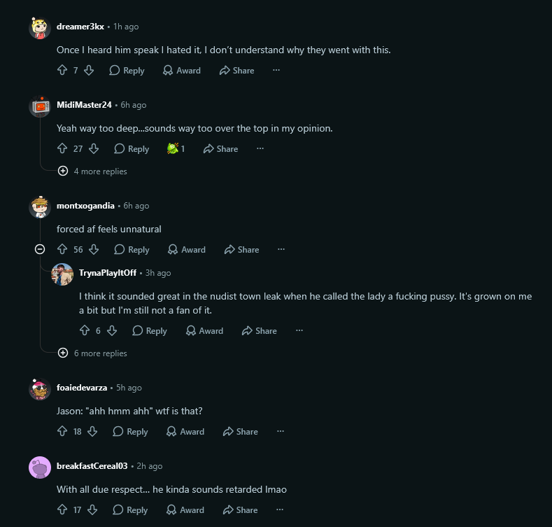 GTA6_Report's tweet photo. Reddit users are upset with Jason's voice in GTA 6 after watching the Extended Look, claiming it sounds "forced af, feels unnatural"

"Yeah way too deep...sounds way too over the top in my opinion." https://t.co/mkvM2li8RW
