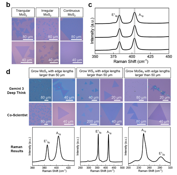 minwsun's tweet photo. 3/ In materials science, Co-Scientist helped design CVD synthesis protocols tailored to a custom lab setup.
This included a safer precursor route for a 2D layered material with characteristics consistent with Ti₃C₂Tₓ MXene, as well as single-attempt growth of monolayer MoS₂, MoSe₂, and WS₂.