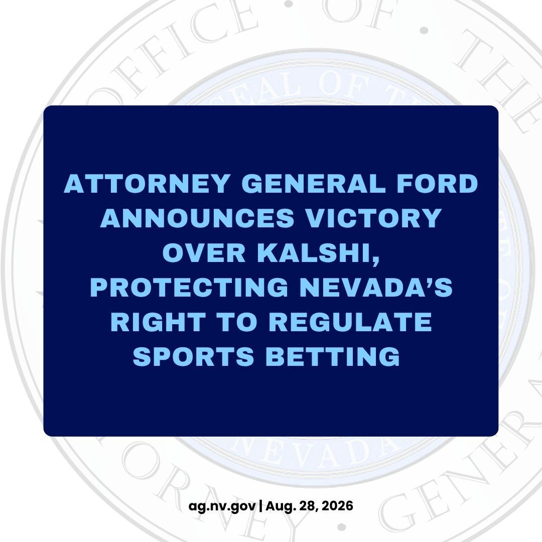 NevadaAG's tweet photo. Today, Attorney General Ford announced a Ninth Circuit Court of Appeals ruling affirming that Nevada’s gaming laws apply to sports-event contracts offered by Kalshi, https://t.co/oFqelT5na8 and Robinhood. The court unanimously rejected Kalshi’s challenge to Nevada’s authority. https://t.co/ntBlrntxeb