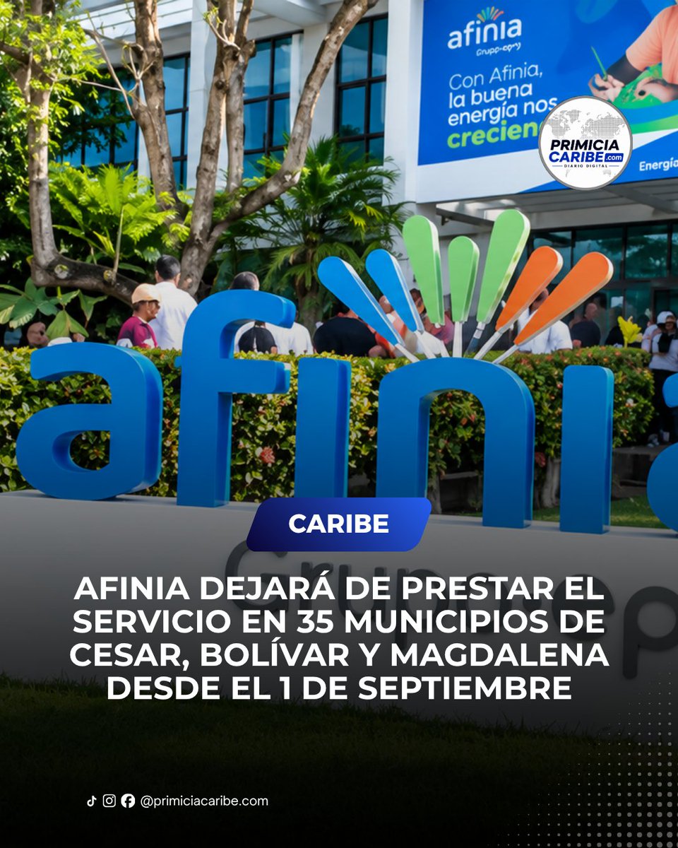 PrimiciaCaribe's tweet photo. #Caribe I Afinia anunció que, a partir del próximo 1 de septiembre de 2026, dejará de prestar los servicios de distribución y comercialización de energía eléctrica en 35 municipios de la región. Desde esa fecha, la operación en estos territorios quedará a cargo de Energía Atenea, que asumirá la atención de los usuarios.

La transición comprende 19 municipios del Cesar, 10 del sur de Bolívar y seis del Magdalena. Con el cambio de operador, los hogares, establecimientos comerciales y demás usuarios ubicados en estas localidades pasarán a recibir el servicio de energía bajo la administración de la nueva compañía.

Según informó Afinia, la separación de este mercado es resultado de un proceso que se desarrolló durante aproximadamente un año y medio. Durante ese periodo se estructuró un modelo orientado a garantizar la continuidad en la prestación del servicio y realizar la transición hacia el nuevo operador.

Ante el cierre de esta etapa, Afinia agradeció a usuarios, comunidades, autoridades, trabajadores y aliados que acompañaron su gestión en estos municipios. La compañía también expresó sus mejores deseos a Energía Atenea ante el inicio de operaciones y el reto de asumir la prestación del servicio eléctrico en los 35 territorios.

#pccaribe #primiciacaribe