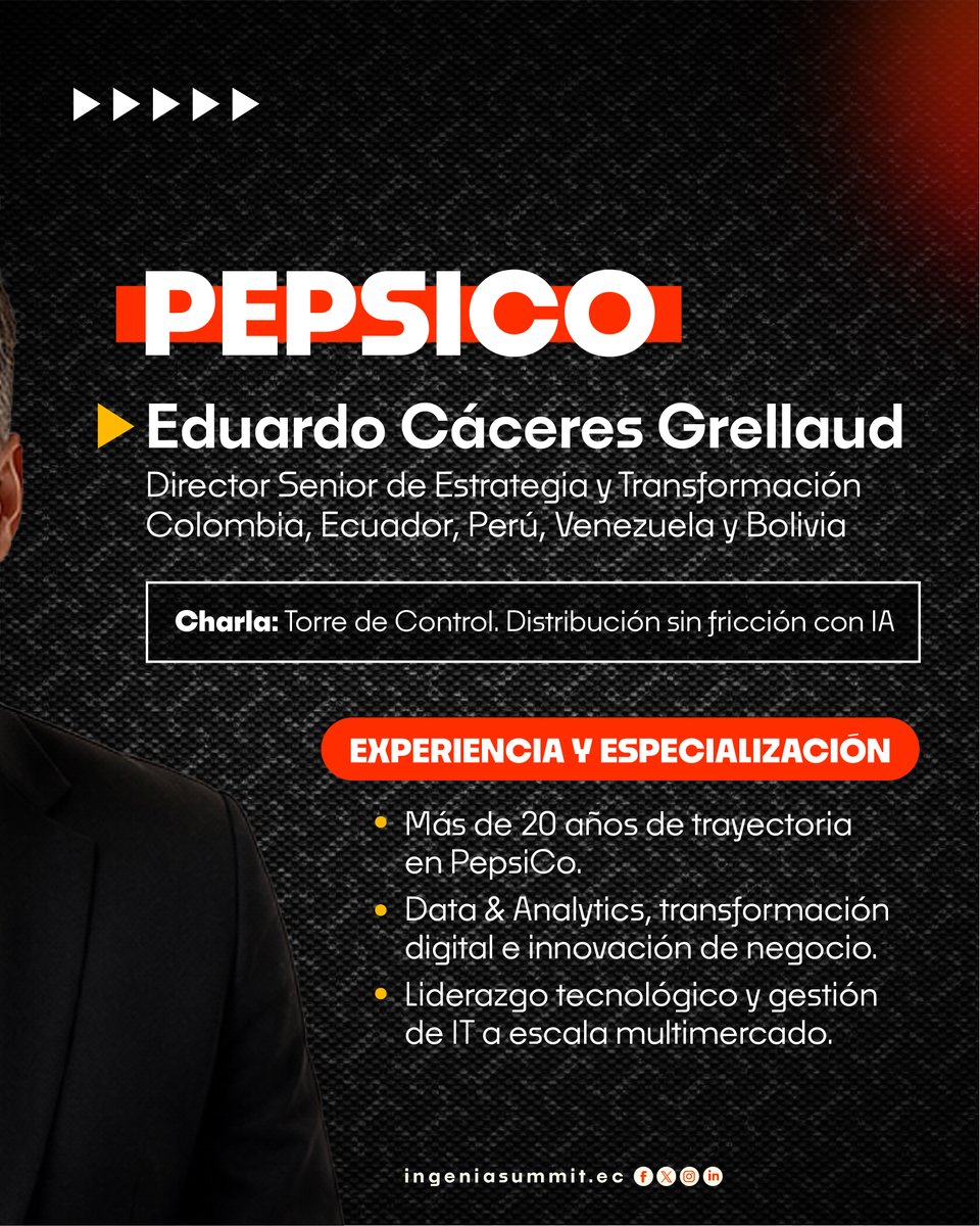 IngeniaSummit's tweet photo. En este Ingenia Summit presentamos a Eduardo Cáceres Grellaud (PepsiCo), experto en Data &amp; Analytics e Inteligencia Artificial aplicada a la distribución.
¡Aprende de los mejores del sector! 🤝

👉 Reserva tu cupo: https://t.co/ktjnm9R4p0 https://t.co/Onsv3edLbA
