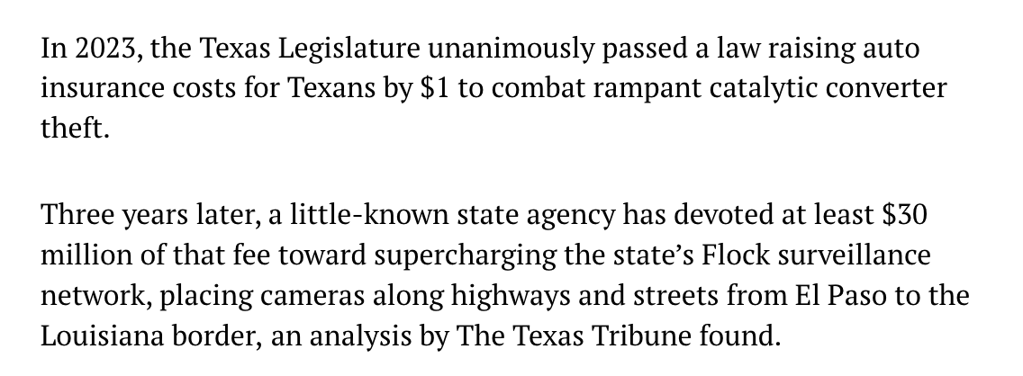 serrano_alej's tweet photo. Incredible reporting by @a_y_denrunnels that already resulted in Gov. Greg Abbott ordering state agencies to pause funding for Flock cameras: Lawmakers added $1 to Texans’ car insurance policies. That money paid for thousands of Flock cameras.

https://t.co/48en3YQ4kw https://t.co/bnX0QF82bc