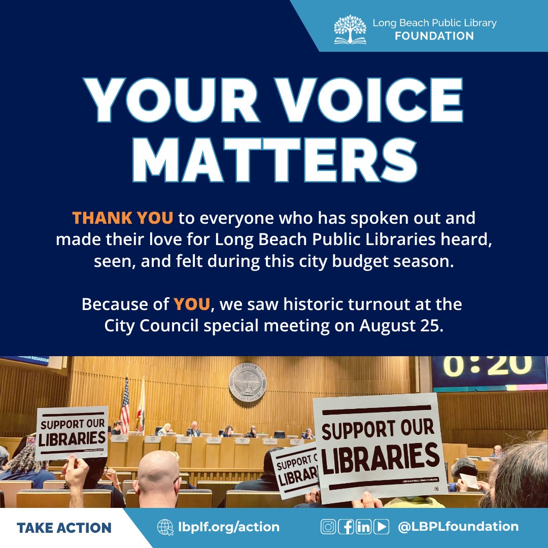 LBPLFoundation's tweet photo. A huge THANK YOU to everyone who has been turning out and showing their love for Long Beach Public Libraries this budget season! Visit https://t.co/trxfuJDkRr to learn how you can help us keep up the momentum. https://t.co/sRq6lUZQz9