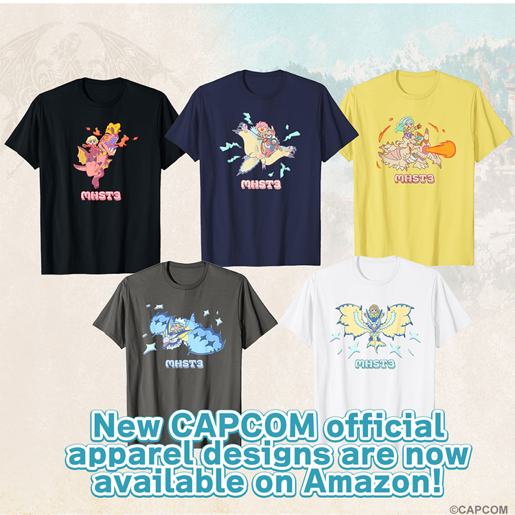 monsterhunter's tweet photo. New Monster Hunter Stories 3 designs featuring your allies and their monsties are now available in the Capcom apparel shop! 

🍖 https://t.co/u4Kygn8oPp https://t.co/yj60naRJtc