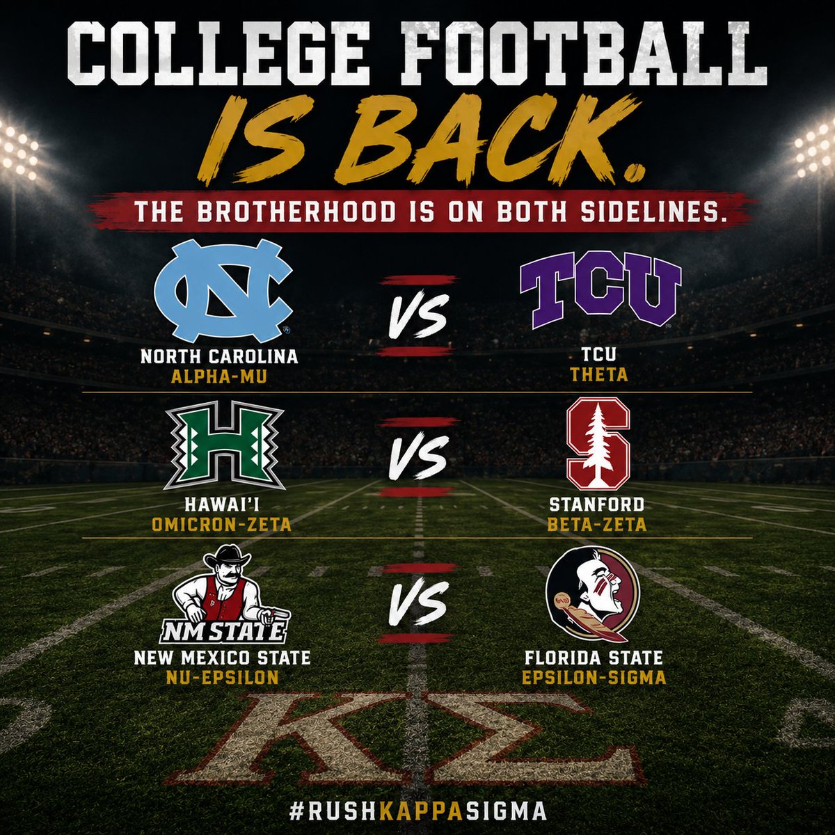 KappaSigmaHQ's tweet photo. Saturdays are back. 🏈

College football kicks off this weekend, and Kappa Sigma Brothers across North America are ready.

Drop your school + Chapter in the comments and tell us who you’re rooting for this season.

And if you’re heading back to campus this fall, there has never been a better time to find A Brotherhood Like No Other.

Rush Kappa Sigma. Link in bio.

#RushKappaSigma #CollegeFootball