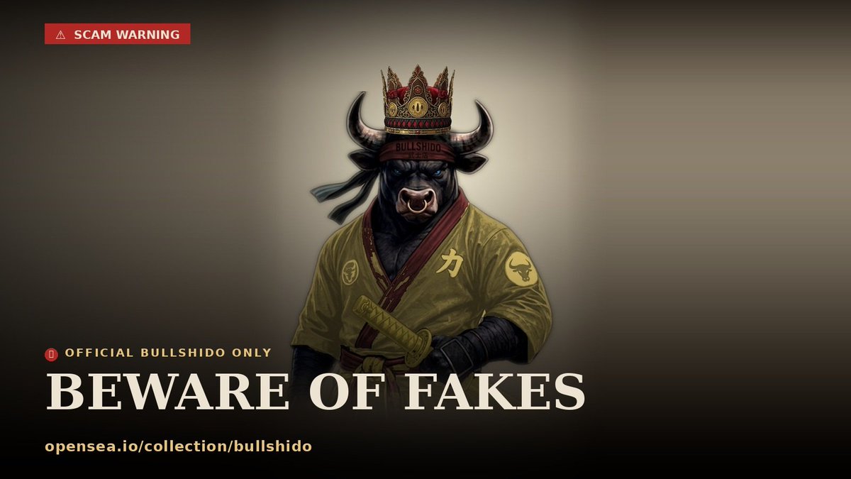 Bullshidooje's tweet photo. 🚨 SCAM ALERT

Fake Bullshido collections are already minting using our name and stolen artwork.

There is only ONE official Bullshido collection:
https://t.co/KcRJ7Arflr
Anything else is FAKE. Do not mint.

Stay safe. 🐂⚔️ https://t.co/O69IRFsYU1