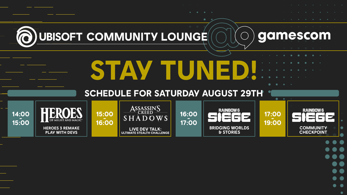 Ubisoft's tweet photo. The final livestream from the Ubisoft Community Lounge at #gamescom2026 🏆

📺 Last stream · 13:30 CEST · https://t.co/V9cp6bYjvw https://t.co/T3u1fnDBPm