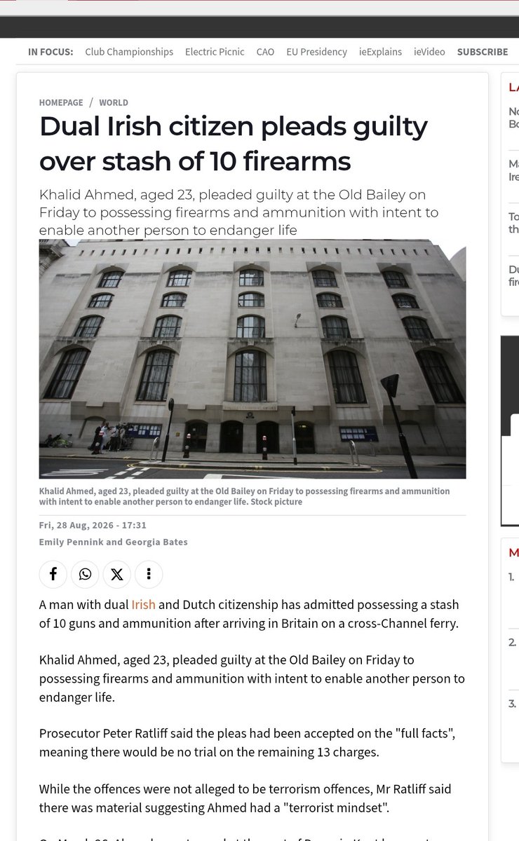 PeterPaulGuy's tweet photo. 🇬🇧 🚨

Muslim man Khalid Ahmed, 23, who holds an Irish passport & was born in Amsterdam, pleaded guilty at the Old Bailey in London to possessing 10 firearms & ammunition  ☪️

On March 26, Ahmed was stopped by counter-terrorism police after arriving in the UK from Calais, France.

There was material suggesting Ahmed had a "terrorist mindset" ☪️